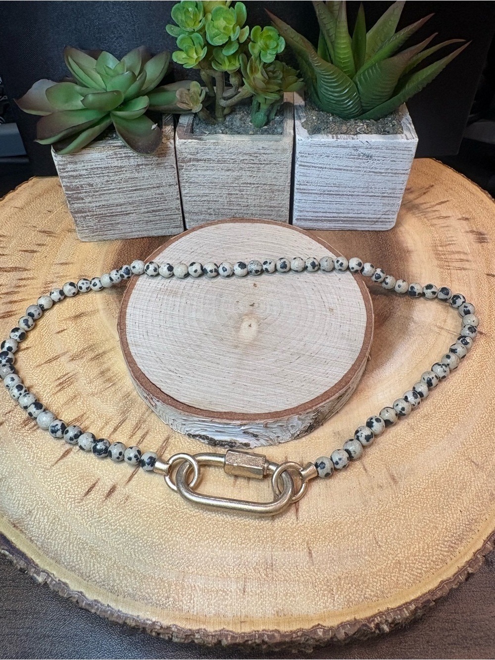 Vintage Black and Cream Dalmatian Jasper Beaded Necklace with Gold Hardware